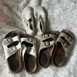 well worn used cushionaire sandals and white vans Poor condition